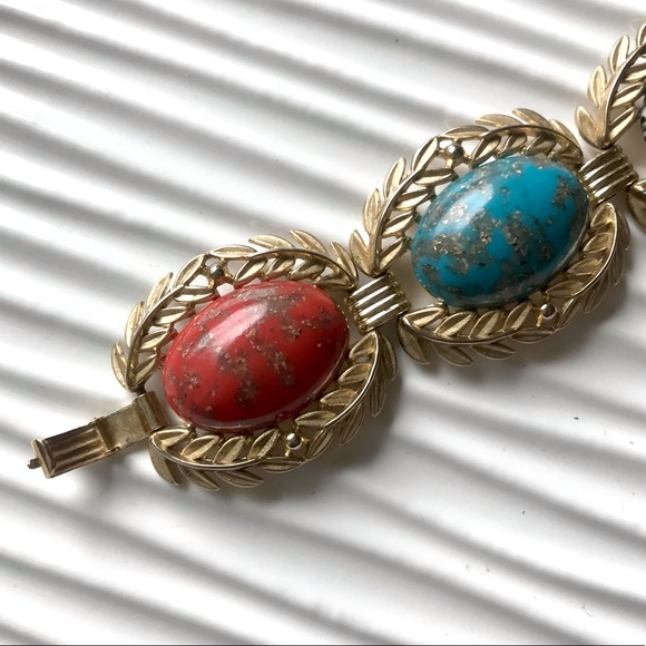 Vintage 60’s speckled cabochon laurel leaf linked bracelet - Picture 3 of 5